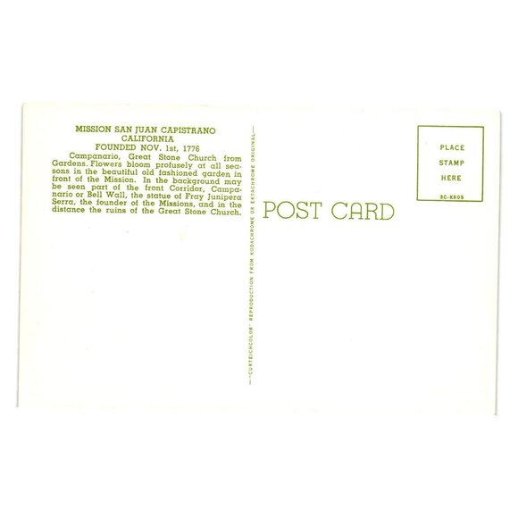 Vintage Mission San Juan Capistrano Postcard California Great Stone Church 1776 - Picture 2 of 2